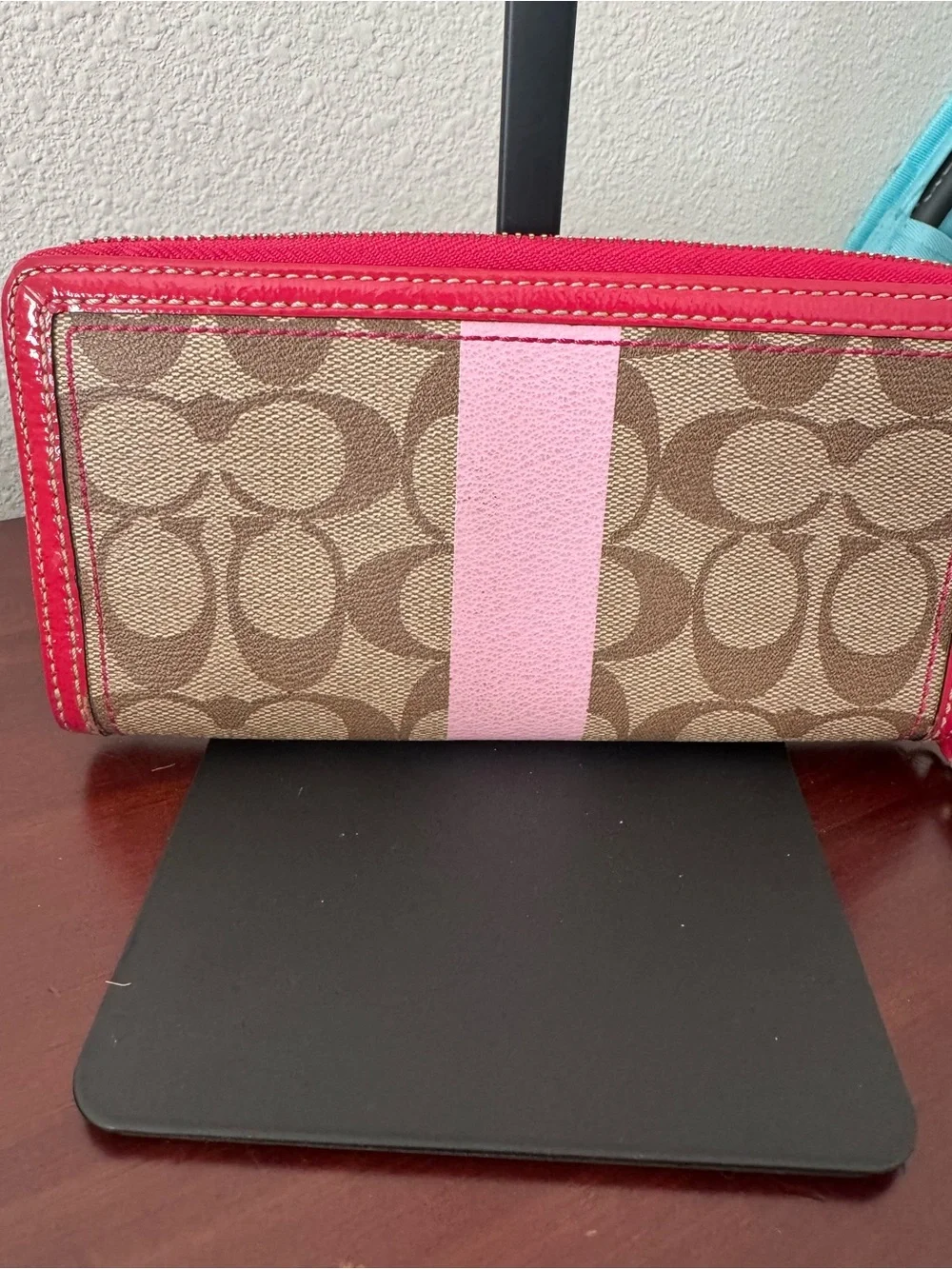 Coach Signature Zip Wallet in Brown with Pink Center Stripe and Red Trim